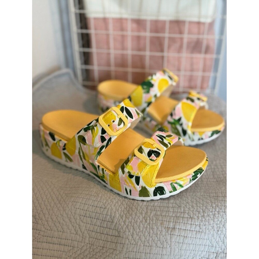 Dansko Kandi Platform Slide Sandals in Vibrant Lemon Floral Print Size 39 EUC!
